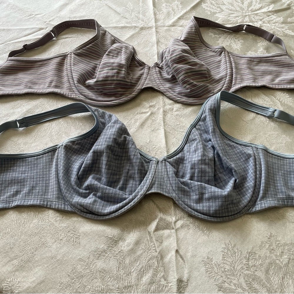 Two Cacique Striped Blue and Gray Cotton Underwire Bras. 40DDD.